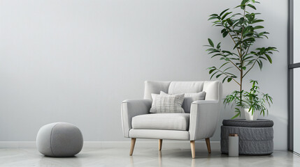Stylish grey armchair cushion and pouf near white wall
