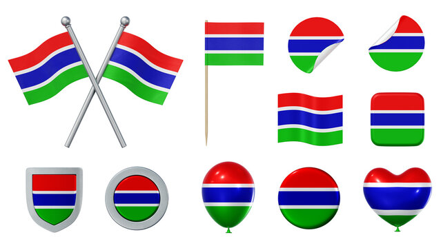 Set of objects with flag of Gambia isolated on transparent background. 3D rendering - Powered by Adobe