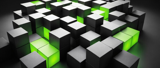 Abstract 3D wallpaper of neon green and grey cubes