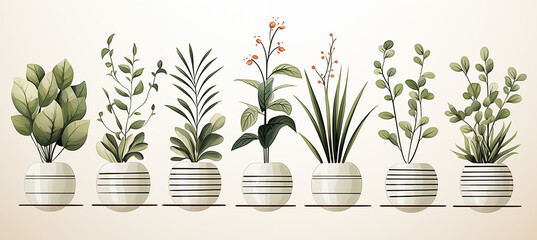 Plants in a pot, minimalist hand drawn style, clean white background - obrazy, fototapety, plakaty