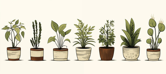 Plants in a pot, minimalist hand drawn style, clean white background - obrazy, fototapety, plakaty