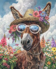 Fototapeta premium Trendy Llama with Sunglasses and Floral Hat Surrounded by Flowers