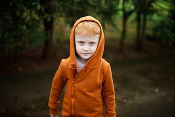 Red-haired handsome boy in hoodie showing thumb up. Children's costume