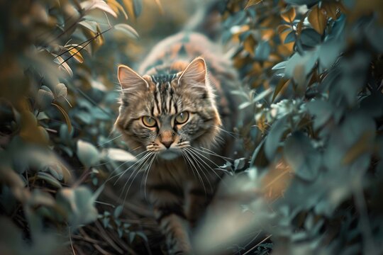 Magazine photography style, featuring Cats Exploring Nature: Vivid photos of cats wandering through gardens, forests, or fields, highlighting their natural curiosity and agility