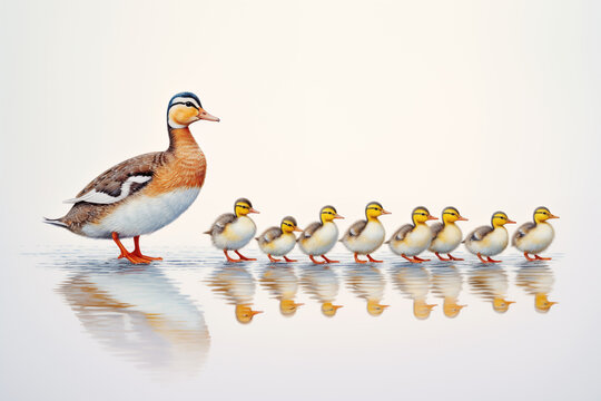 Ducks followed by a line of ducklings