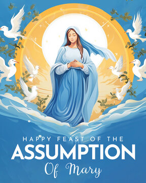 Assumption of Mary Illustration with Feast of the Blessed Virgin and Doves in Heaven 