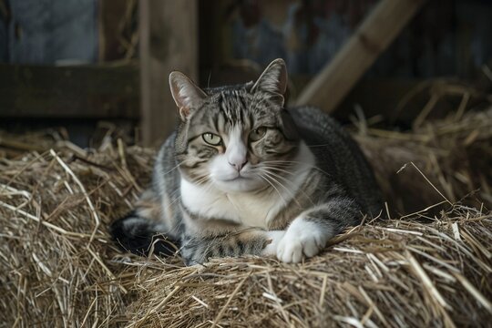 Magazine photography style of rural cats in countryside settings, featuring scenes from farms or barns with natural lighting
