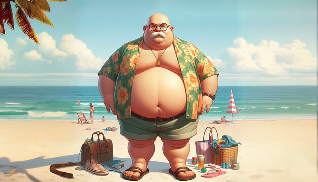 A cartoon man with a big belly is standing on a beach with a suitcase