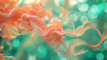 Surreal tendrils of coral and peach weaving through radiant emerald and jade bokeh. - obrazy, fototapety, plakaty