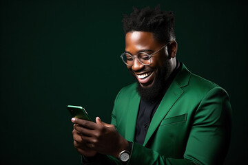 Happy African American Man with phone on Forest Green studio background