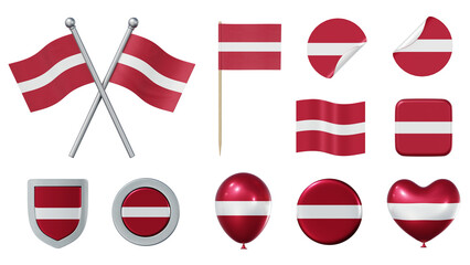 Set of objects with flag of Latvia isolated on transparent background. 3D rendering