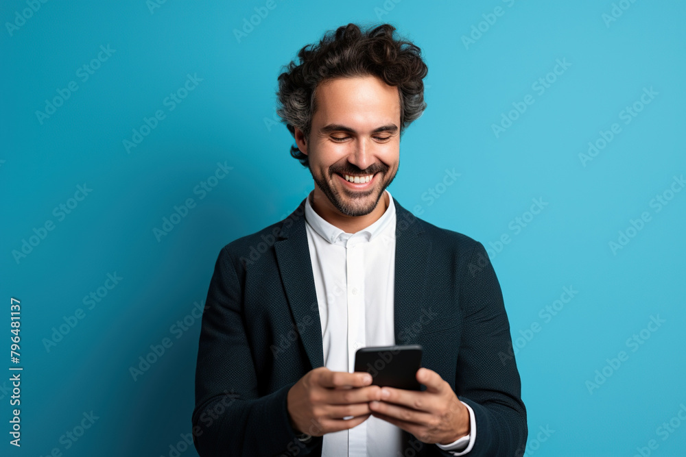 Wall mural man with phone on blue studio background