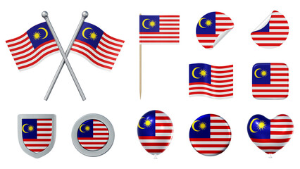 Set of objects with flag of Malaysia isolated on transparent background. 3D rendering