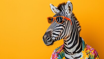 Naklejka premium Fashionable zebra in vibrant attire with orange sunglasses and colorful hawaiian shirt