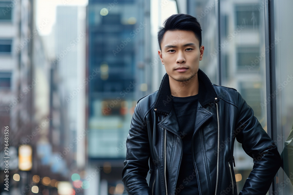 Wall mural Confident Japanese man wearing an elegant leather jacket standing in business district. Concept of Entrepreneurship, wealth building and Ownership