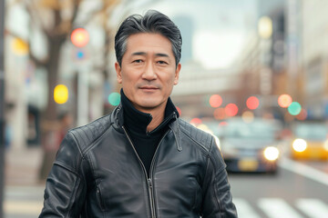 Confident Japanese man wearing an elegant leather jacket standing in business district. Concept of Entrepreneurship, wealth building and Ownership