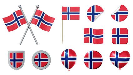 Set of objects with flag of Norway isolated on transparent background. 3D rendering