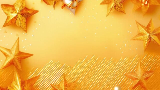 Golden frame for video celebrating card with free ample space for text, An enchanting backdrop for greeting messages goes stars, shining glitter, festive holidays.
