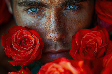 Man holding bouquet of roses