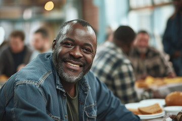 Fototapeta premium Positive homeless African American man standing at the table in a street dining hall, surrounded by other individuals