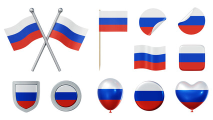 Set of objects with flag of Russia isolated on transparent background. 3D rendering