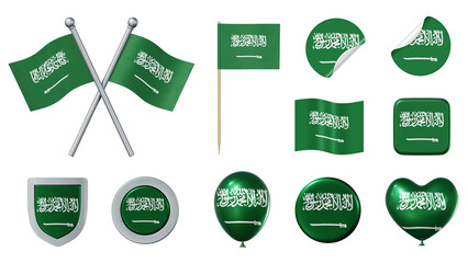 Set of objects with flag of Saudi Arabia isolated on transparent background. 3D rendering