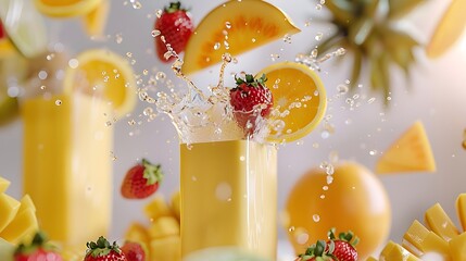 Beverage Products: Juice Glass with Flying Tropical Fruits and Splashes, Hand Edited Generative AI