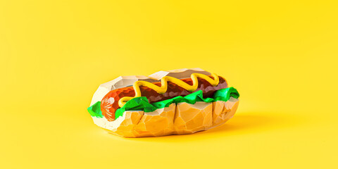 Hot dog figurine 3d object on yellow background.