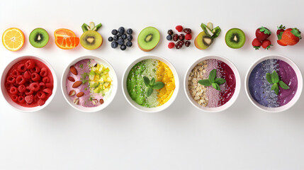 Smoothie Spectrum: Colorful Bowls in a Minimalist White Row