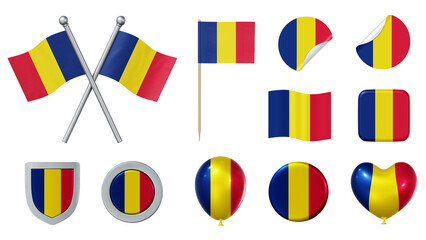 Set of objects with flag of Chad isolated on transparent background. 3D rendering