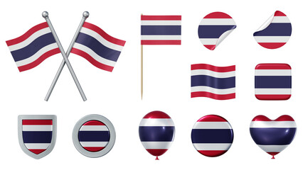 Set of objects with flag of Thailand isolated on transparent background. 3D rendering
