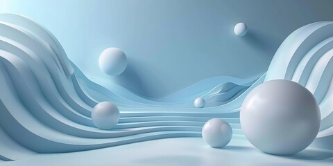 A blue and white background with a wave and a bunch of white spheres