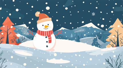 Merry christmas card with cute landscape and snowman.