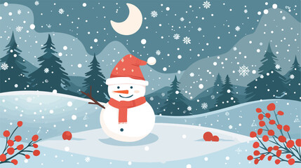 Merry christmas card with cute landscape and snowman.