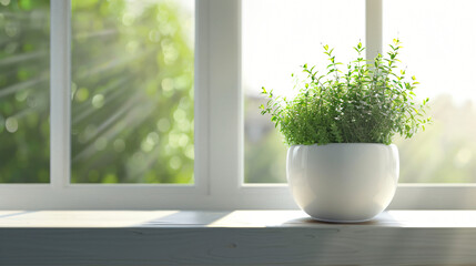 Herbal Haven: Fresh Herbs in a Minimalist White Ceramic Pot on a Sunny Windowsill