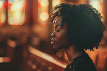 African American girl praying in church. - Powered by Adobe