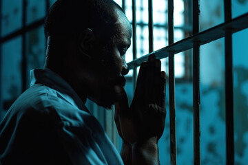 African American man prays to god in dark prison. Cinematic effect - obrazy, fototapety, plakaty