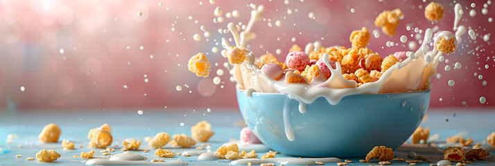 A bowl of cereal is splashed with milk,
A bowl of cereal with milk pouring into it

