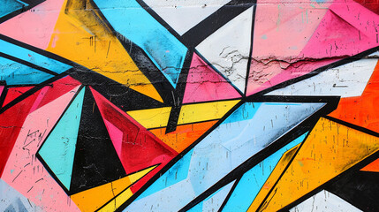 Bold geometric shapes converge in abstract graffiti against a graffiti background.