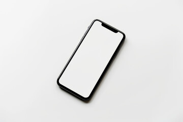 Black smartphone with blank white screen on a plain background