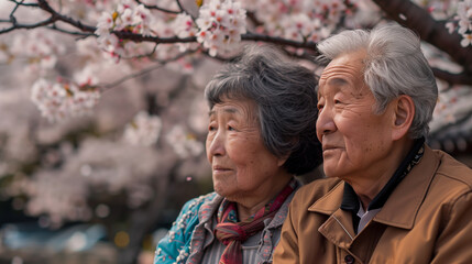 Grandparents celebrating Hanami, sitting under a blooming cherry tree, their eyes full of memories and happiness, Ai generated Images