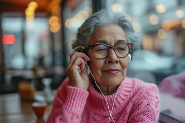 Elderly gray haired Latin American female in glasses and pink sweater sitting at table adjusting...