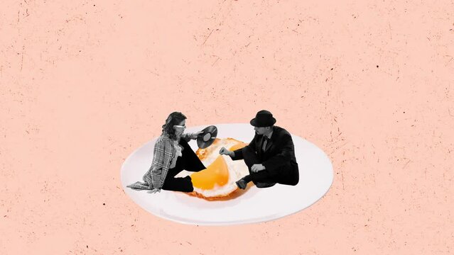 Contemporary art. Stop motion, animation. Young man and woman sitting on fried eggs. Breakfast food. Concept of retro style, creativity, vintage, surrealism, imagination. Copy space or ad, poster