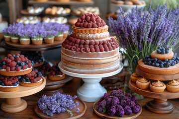 Dessert buffet table, food catering for wedding, party holiday celebration, lavender decor, cakes and desserts