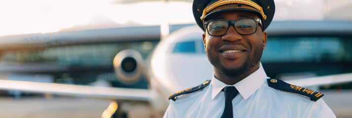 Portrait of young African American pilot standing in front of airplane at the airport.