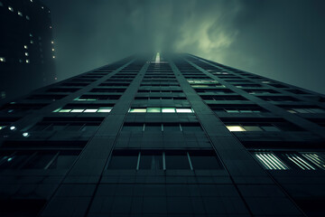 Naklejka premium High-rise office building illuminated at night under foggy skies