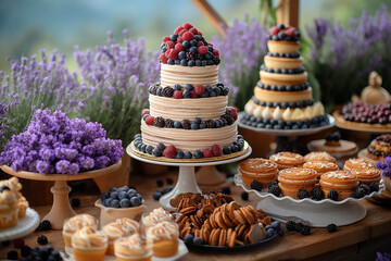 Dessert buffet table, food catering for wedding, party holiday celebration, lavender decor, cakes...