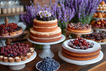 Dessert buffet table, food catering for wedding, party holiday celebration, lavender decor, cakes...