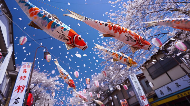 Tango no Sekku celebration, where the streets are decorated with koi nobori flags flying in the sky, the background is decorated with blooming cherry trees, Ai generated Images