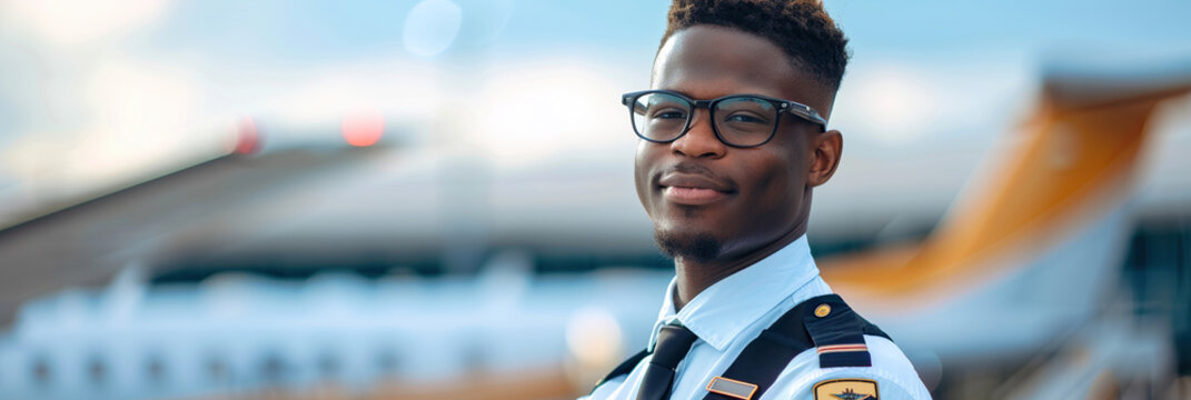 Portrait of young African American pilot standing in front of airplane at the airport.